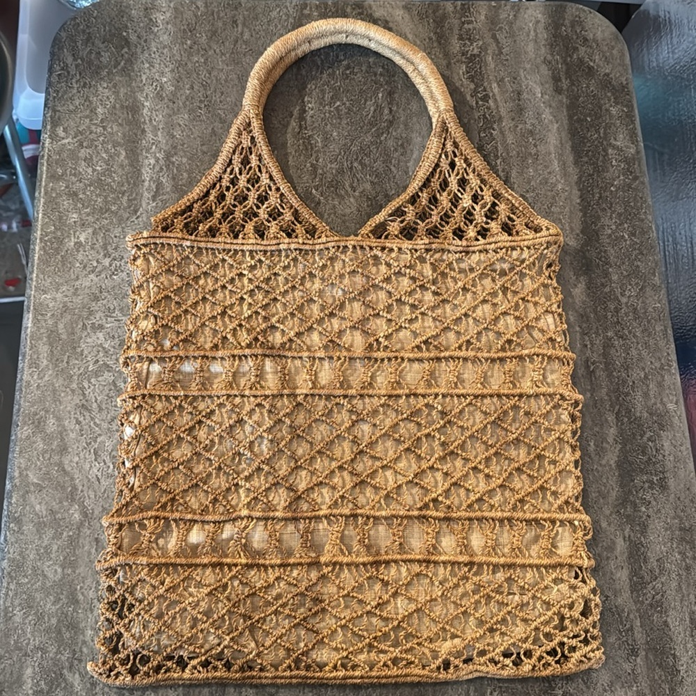 Vintage Crochet Jute Handbag Tan Cream Fabric Lining Double Handles - Picture 2 of 7